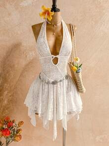 Soleia 女士花卉蕾丝不对称荷叶边下摆时尚露背连衣裙波西米亚风夏季服装女士夏季套装女士沙滩派对服装女士沙滩裙女士度假泳装罩衫 - 白色 - 查看 3