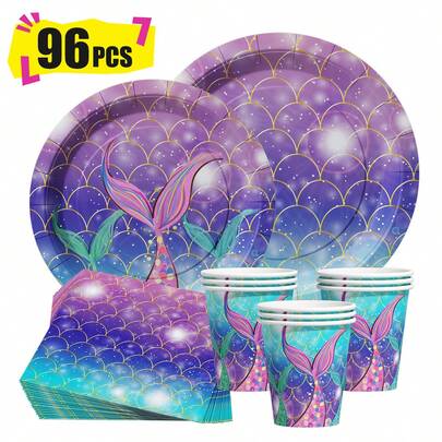 Iridescent Scales Disposable Plates, Napkins And Cups, Party Supplies Set, Serves 24 People, Disposable Paper Party Tableware, Suitable For Birthdays, Weddings, Themed Parties And Family Picnics.