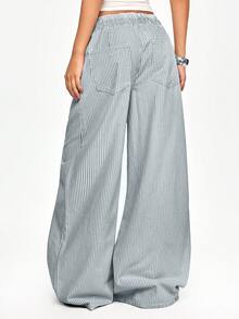 ROMWE 休闲条纹弹力抽绳宽松阔腿牛仔裤 - 藍色 - 查看 3