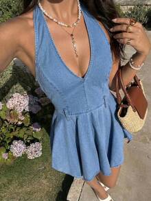Sunnyshic Vestido vaquero casual de verano con cuello halter sin espalda y bajo asimétrico para mujeres - Azul - Ver 1
