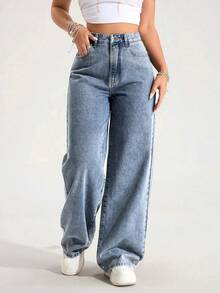 SHEIN Jeanoir Women's High Waist Pockets Wide Leg Loose Casual Denim Jeans - Medium Wash - View 5