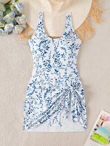 Swim Lushoire 1 件女式植物印花系带侧连体泳衣，适合夏季海滩度假 - 藍白色 - 查看 1