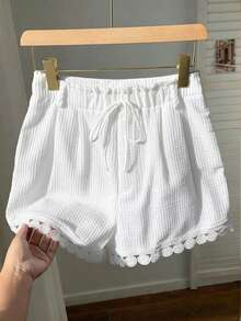 EMERY ROSE Quần short nữ cỡ lớn, kiểu dáng thường ngày, xếp ly, viền bèo nhún, chất liệu cotton. - trắng - Xem 3