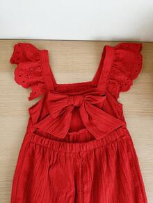 SHEIN LMoss Kids Babygirl Cute Summer Versatile Apricot Textured Romper - Red - View 4