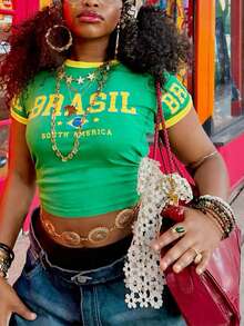 Rovax Women's Contrast Trim Letter Print Cropped Tight T-Shirt - Black - View 3