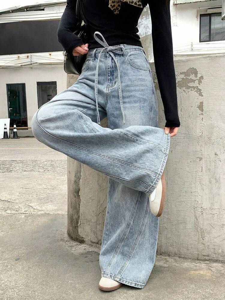 Women's Washed Tie-Up Casual Denim Jeans, Autumn/Winter Street Style