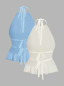 Comfortcana Women's Sexy Solid Color Ruched Backless Camisole Top 2 Pieces Set - Multicolor - View 2
