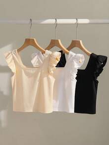 3pcs/Set Girls Sleeveless Fitted Cropped Tops, Casual Daily Wear Camisole For Teens, Summer - Apricot - View 2