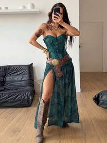 Coolane 女款夏季派對時尚度假電音節優雅復古海灘舒適青色低腰裙，波希米亞風 - 墨綠色 - 查看 5