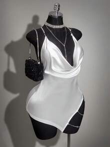 SHEIN ICON Plus Size Velvet Exaggerated Plunging Neckline Rhinestone Decor Backless Criss-Cross High Slit Mini Dress - White - View 6