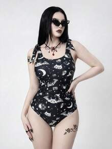 ROMWE Goth Plus Size Women Moon & Bat Print One-Piece Swimsuit - Black - View 3