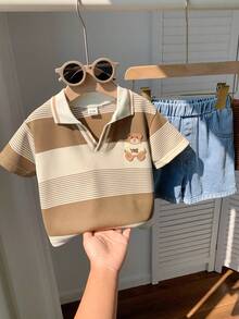 SHEIN 2pcs Baby Boy Summer Casual Khaki Striped Polo Shirt And Blue Denim Shorts Set - Multicolor - View 8