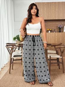 SHEIN LUNE Plus Size Women's New Elegant Black And White Embroidered Drawstring Waist Wide Leg Pants,High Waist Casual Boho Vacation Holiday Autumn - Multicolor - View 4