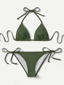 Swim Basics Set Pakaian Renang Bikini Seksi Wanita Musim Panas Warna Polos dengan Tali Leher untuk Pantai - Hijau Tentara - View 2