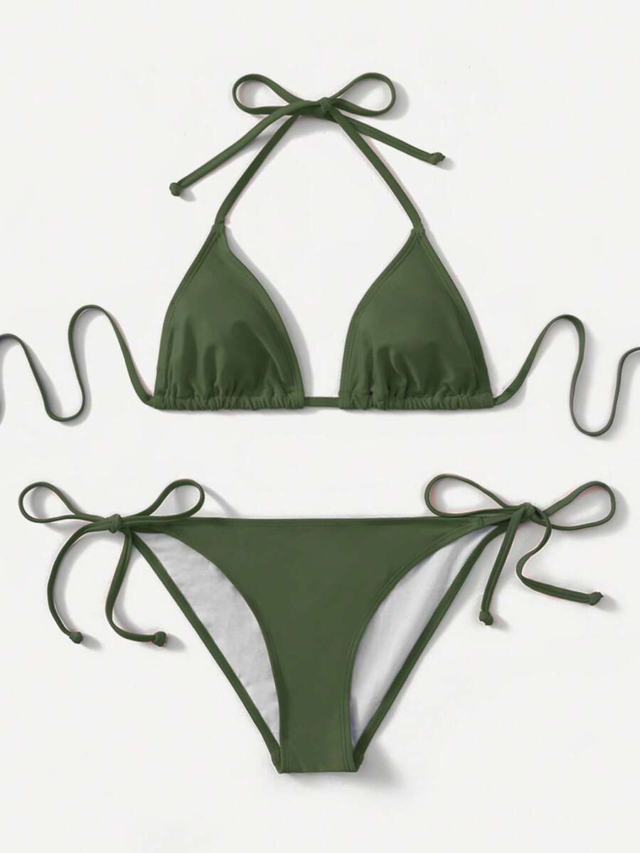 Swim Basics Set Pakaian Renang Bikini Seksi Wanita Musim Panas Warna Polos dengan Tali Leher untuk Pantai