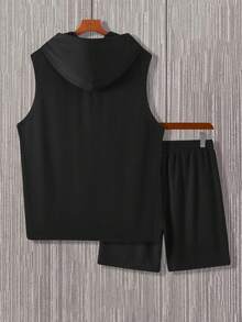 Manfinity Homme Plus Size Men's Summer Casual Black Gym Clothes Set,Sleeveless Hooded Tank Top And Shorts Outfits For Men,Vintage Y2k Old Money Style,Daily Leisure - Black - View 2