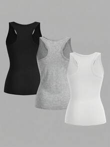 SHEIN EZwear 3件組女款工字背心上衣，瑜珈運動背心，寬肩帶無袖健身上衣，適合夏季，健身房休閒穿搭，白色、灰色、黑色 - 彩色 - 查看 3