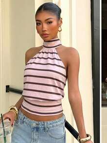 Muchica 休闲简约运动街头风百搭派对机场穿搭，条纹学院风印花图案，音乐节穿搭，女士夏季穿搭，女士粉色条纹高领拉链针织吊带衫 - 彩色 - 查看 5