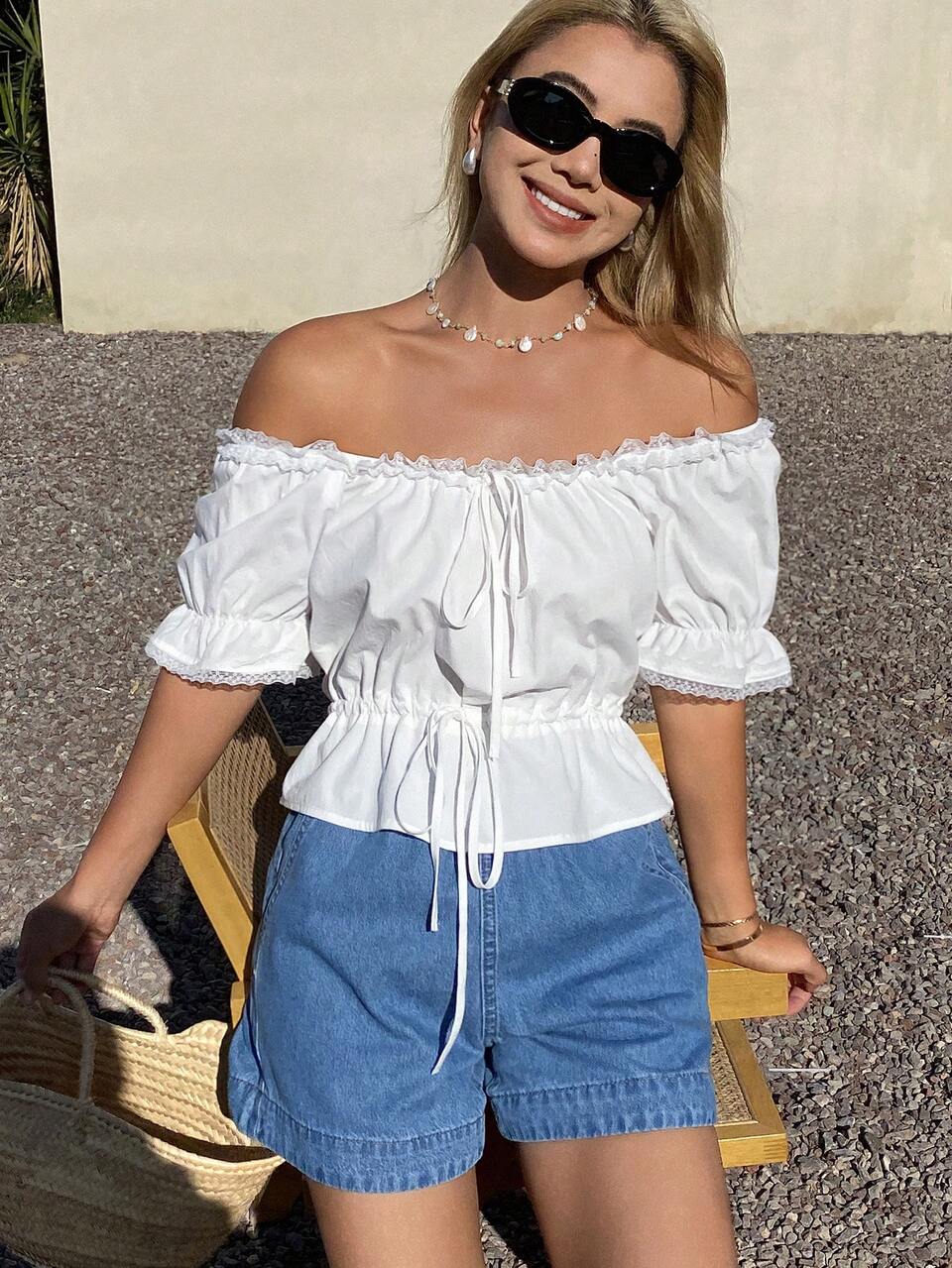 Women's Summer Frill Trim Tie Front Off-Shoulder Short Sleeve Cinched Waist Casual Blouse