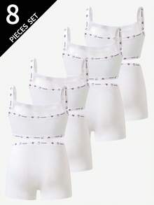 4pcs/Set Girls' Cotton Solid Color Minimalist Camisole & Boyshort Underwear Set - White - View 2