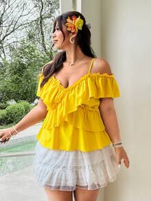 Celure Camiseta con diseño de volantes en las mangas y corte peplum, de unicolor y romántico, talla grande - amarillo ganso - Ver 5