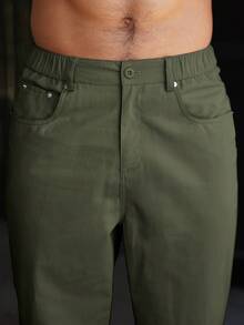 Manfinity Homme Men's Solid Color Straight Leg Loose Casual Pants - Army Green - View 7