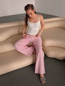 Katetique 优雅低腰性感舒适长裤，蝴蝶结条纹印花百搭长裤 - 粉色 - 查看 5