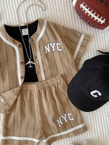 SHEIN Unisex Baby 2pcs/Set Casual Cute Khaki Baseball Jacket And Shorts Set, Spring/Summer Baby Boy Clothes, Outfit Set, Streetwear - Khaki - View 7