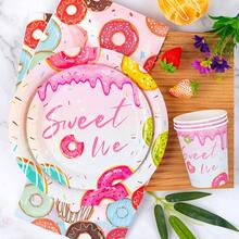 Sweet Donut Disposable Plates, Napkins And Paper Cups Party Set, Serves 24 Guests. This Disposable Paper Party Tableware Is Suitable For Birthdays, Weddings, Themed Parties And Family Picnics. - View 3