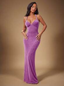 Radiana 女士性感优雅酒红色紧身连衣裙，露背设计，金属珠饰细肩带，红色正式礼服，适合约会、聚会、生日、派对、宴会、舞会和正式场合。 - 紫色 - 查看 6