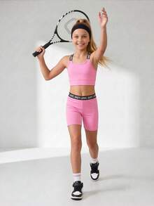 SHEIN Bộ đồ thể thao thường ngày 6 món cho bé gái tuổi teen, chất liệu dệt kim, màu trơn, gồm áo hai dây và quần short in chữ. - Màu Hồng  Dưa hấu - Xem 5