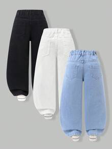 SHEIN 3件組少女寬腿牛仔褲，藍色開學款，黑色水洗白色牛仔褲，鬆緊腰寬鬆版型，星星裝飾，日常穿搭 - 彩色 - 查看 2