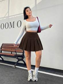 Muchica 大码女式百褶裙，迷你女式半身裙，黑色女式半身裙，带口袋保护隐私半身裙，可爱风半身裙，休闲百搭，女式冬季服装 - 咖啡棕 - 查看 5