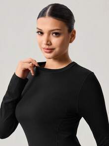 OutZeal Gym Top Women Sports Black Tee Solid Color Summer Spring Fitness Yoga Casual Semi Sheer Stretchy Built-In Tank Tee Long Sleeve Active Tops - Black - View 4