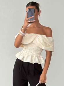 Siren Gaze Women Off Shoulder Twist Front Smocked Ruffle Hem Crop Top, Elegant Blouse, White Shirt, Ruffle Top, Office Wear, Summer, Linen Fitted Blouse, Shawl Style Top With Pleated Bust And Ruffle Hem, Casual Vacation Wear - Apricot - View 1