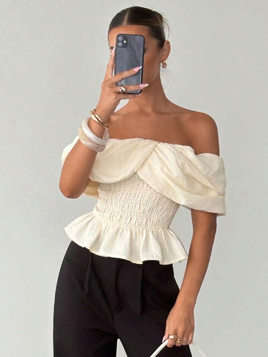Siren Gaze Women Off Shoulder Twist Front Smocked Ruffle Hem Crop Top, Elegant Blouse, White Shirt, Ruffle Top, Office Wear, Summer, Linen Fitted Blouse, Shawl Style Top With Pleated Bust And Ruffle Hem, Casual Vacation Wear - Apricot - View 1