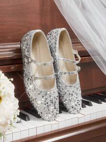 CUCCOO HITCHD 女士亮片套脚鞋，春季新款宽松单扣亮片浅口休闲软底方头鞋 - 銀色 - 查看 1