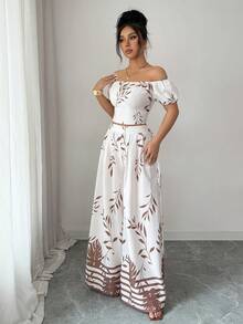 Elenzga Women's Vacation Plant Pattern Off-Shoulder Blouse And Wide-Leg Pants 2 Pieces Set - Apricot - View 8