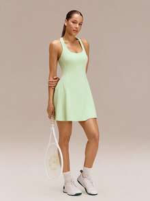 GLOWMODE FeatherFit™-Air Peekaboo Mini Dress With Built-In Shorts Pocket Square Neck Anti-Slip Crisscross Quick Dry Moisture Wicking Spring - Hunter Green - View 8