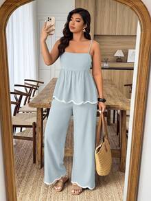 Weeklong Plus Size Women's 2 Pieces Wave Heart Ribbon Contrast Color Faux Linen Waist Casual Commuter Suit, Spring/Summer - Mint Green - View 5