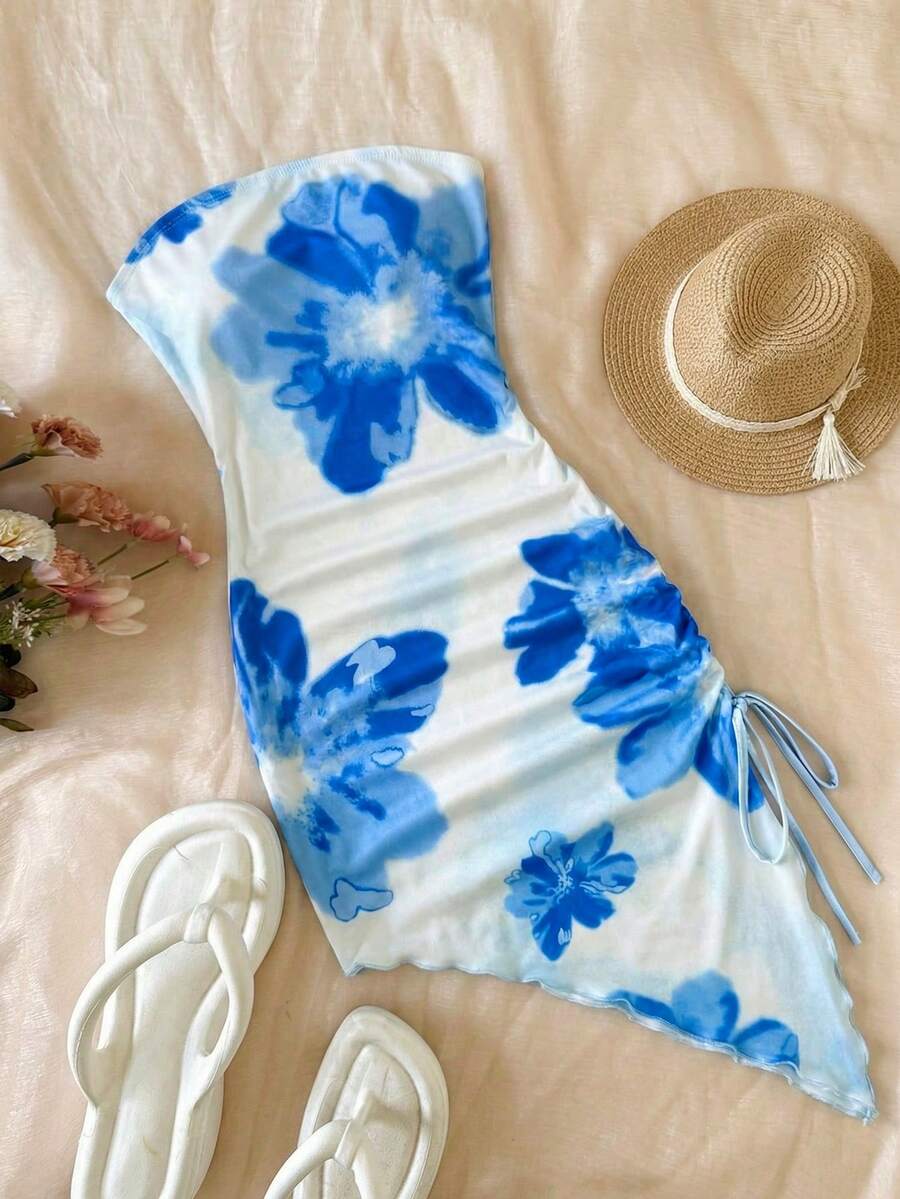 SHEIN 少女碎花V领长袖阿拉伯风格连衣裙 - 藍色 - 查看 1