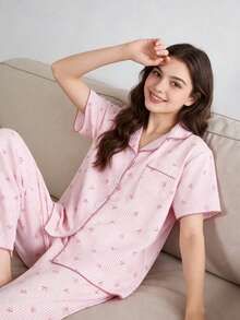 SHEIN 少女睡衣套装，时尚优雅粉色条纹蝴蝶结，泡泡褶皱印花短袖上衣和长裤，休闲舒适的两件套家居服 - 彩色 - 查看 3