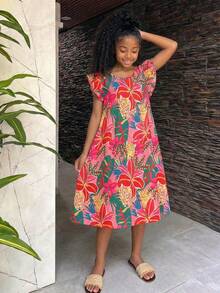 SHEIN Đầm cổ tròn xếp ly họa tiết hoa nhiệt đới nhiều màu sắc cho bé gái, thích hợp mặc cùng mẹ. - Nhiều màu - Xem 2