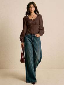 Poéselle Women's Solid Color Square Collar Lantern Sleeve Fitted Lace Patchwork Blouse - Coffee Brown - View 5