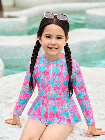 Sparklyn 1pc Girls' One-Piece Swimsuit, Cute Baby Shell Print Knit Fabric Long Sleeve Sun Protection Zipper Design Romper Style Triangle Shorts, Fashion Elegant Lady Suitable For Swimming, Summer Vacation, Beach, Pool, Holiday Party Girls Rash Guard Swimsuit Kids Swimwear Girl Long Sleeve Girls Long Sleeve Swim Suit Kids Swim Dress