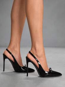 CUCCOO SZL Women Shoes Pointed Thin High Heel Black Bow Diamond Buckle Slingback Women's High Heel Shoes Fashion Sexy Dinner Party Women's Shoes - 6688-55 Mirror black - View 7