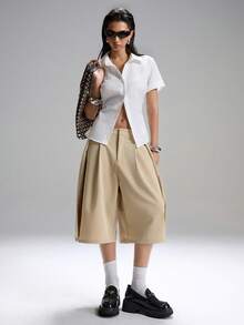 LYSMO 2026 New Arrive Minimalism Spring/Summer Women's Solid Color Pleated Loose Casual Bermuda Shorts Women's Trousers Summer Women's Work Clothes For The Office Working Pants For Women Work Pants Wrap Around Pants - Khaki - View 5