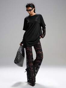 LYSMO 大码蕾丝拼接透视上衣和裤子两件套 春季大码女装 大码套装 女装两件套 休闲大码女装 假日摇滚风女装 曲线身材 - 黑色 - 查看 7