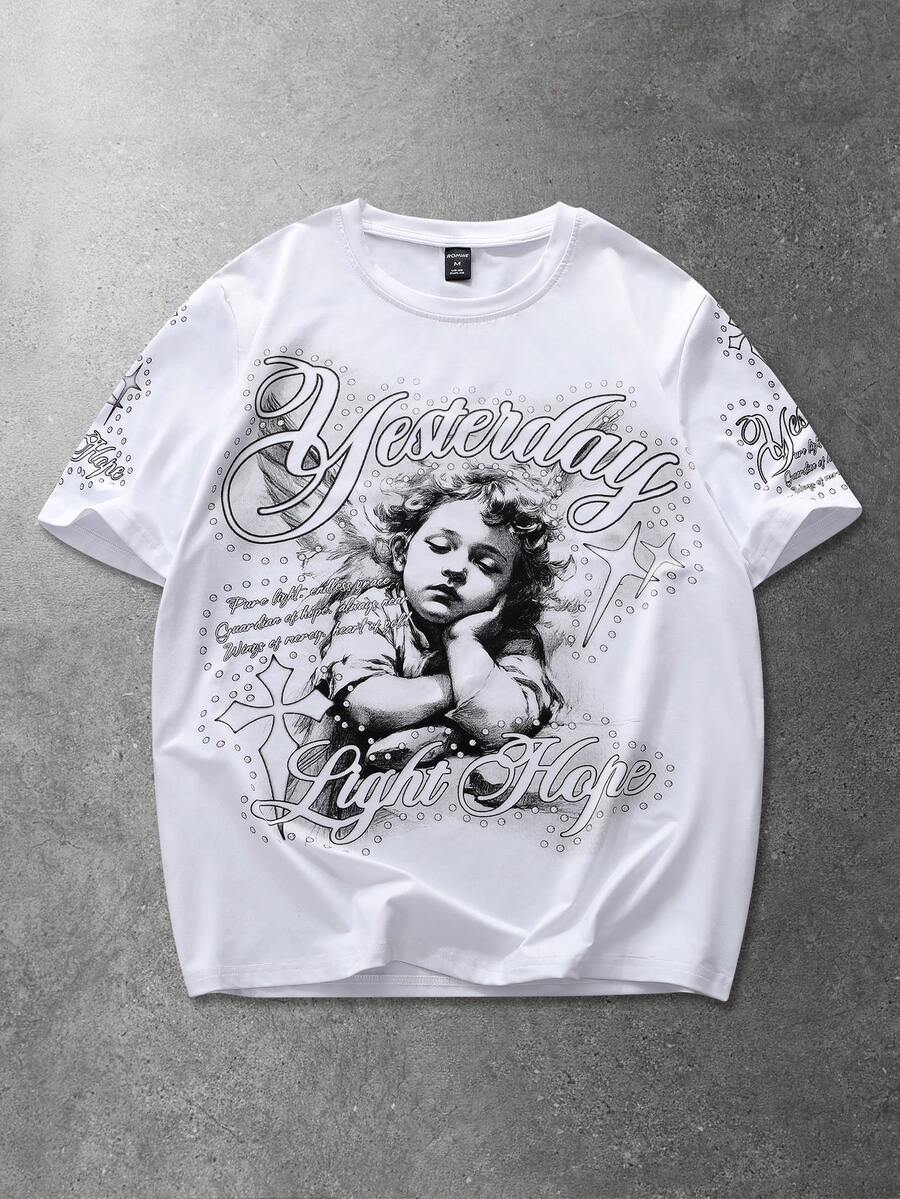 ROMWE MEN Camiseta gráfica con letras y números para hombre - Blanco - Ver 1