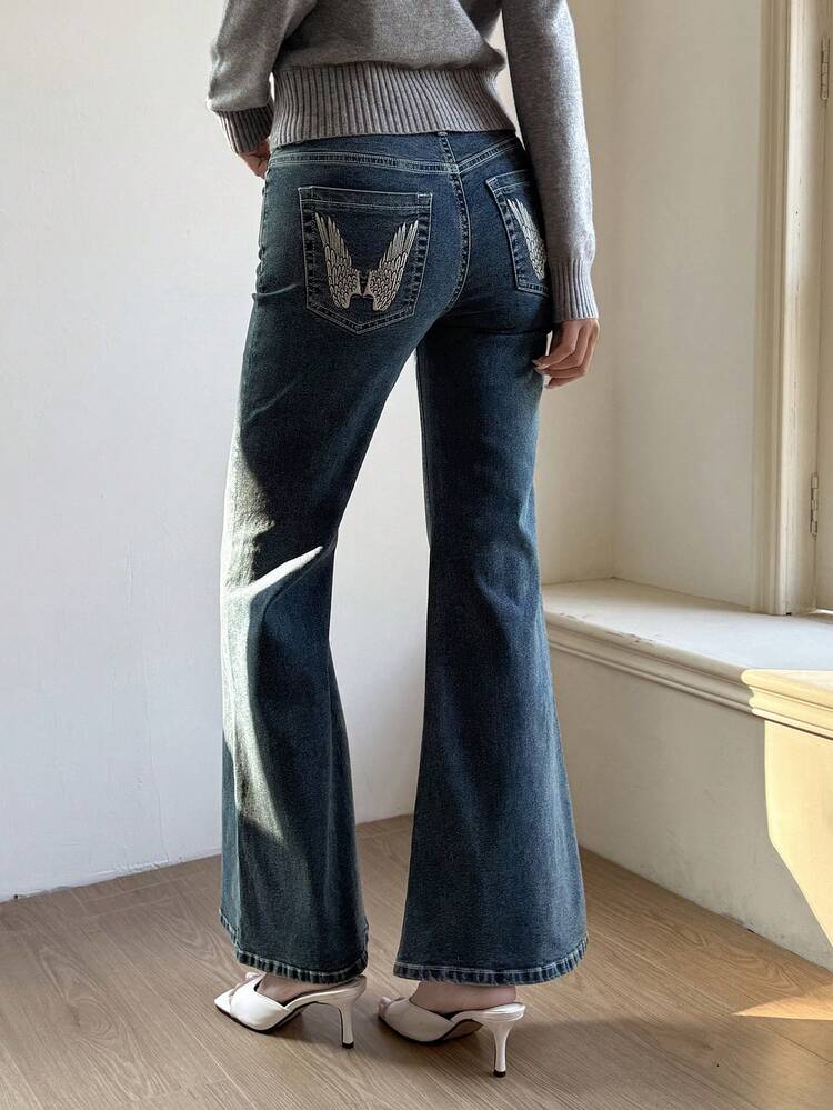 Women's Backpocket Wing Embroidery Slim Flare Jeans, Casual & Sexy